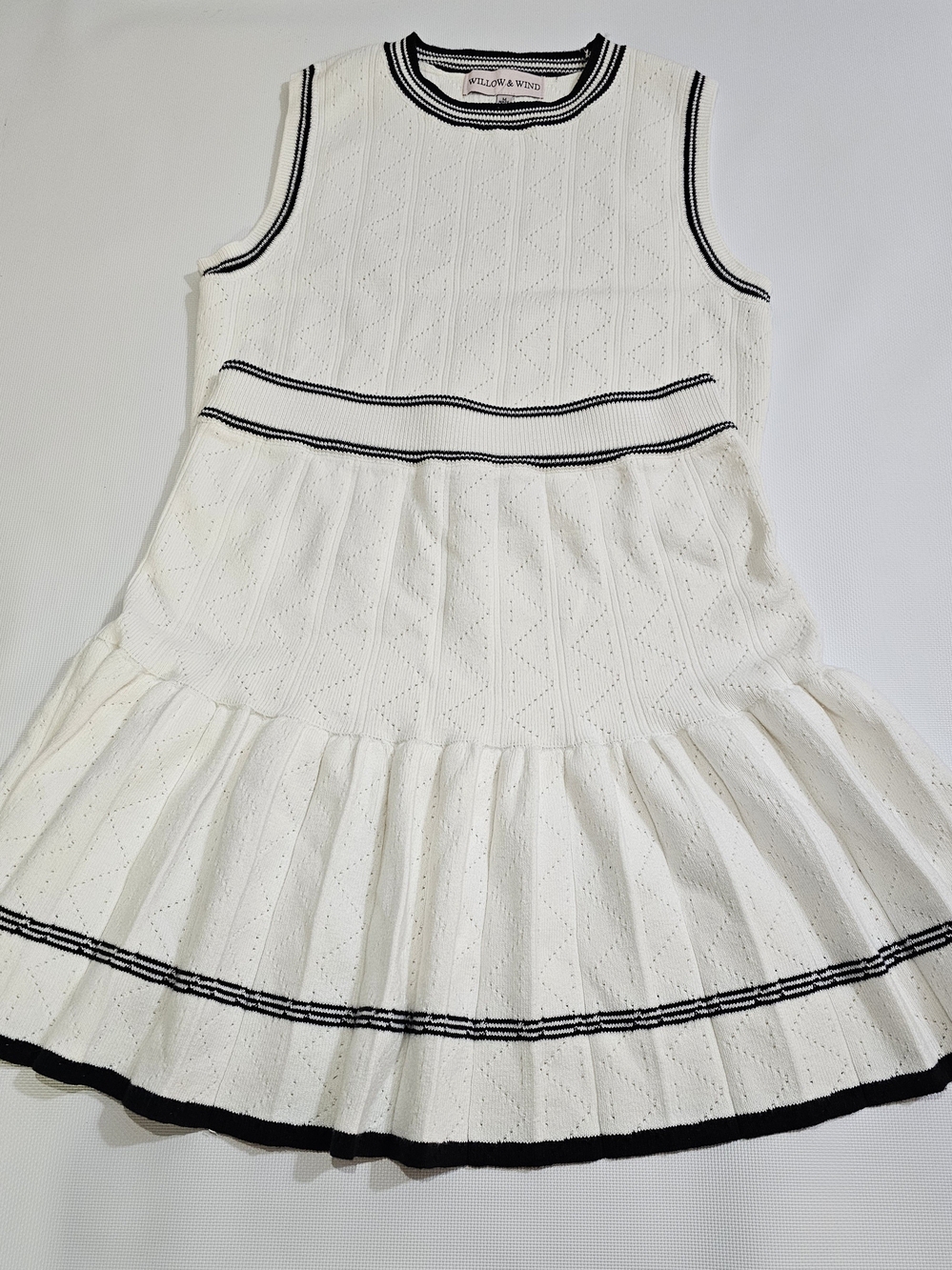 Girls' White Knit Dress with Black Trim